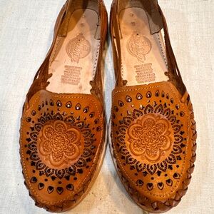Brown Leather Slip-On Shoes with Floral Design